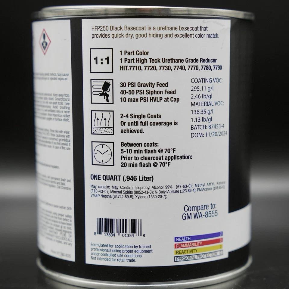 HIGH TECK HFP 250 GM 8555 EBONY BLACK BASECOAT AUTO PAINT QUART SIZE!